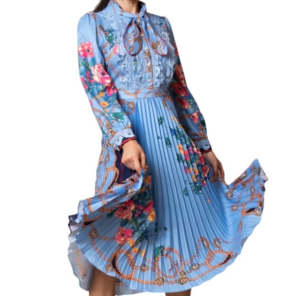 dalia macphee tie neck pleat skirt border printed dress